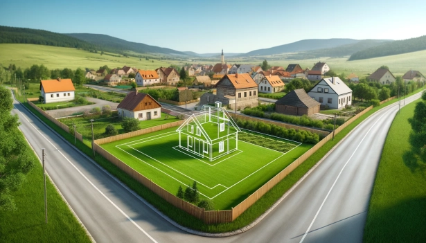 DALL·E 2024-05-16 12.42.44 - A realistic photo of a plot of land with a visualized house on it, situated on the edge of a Czech village. The plot should have green grass, clear bl